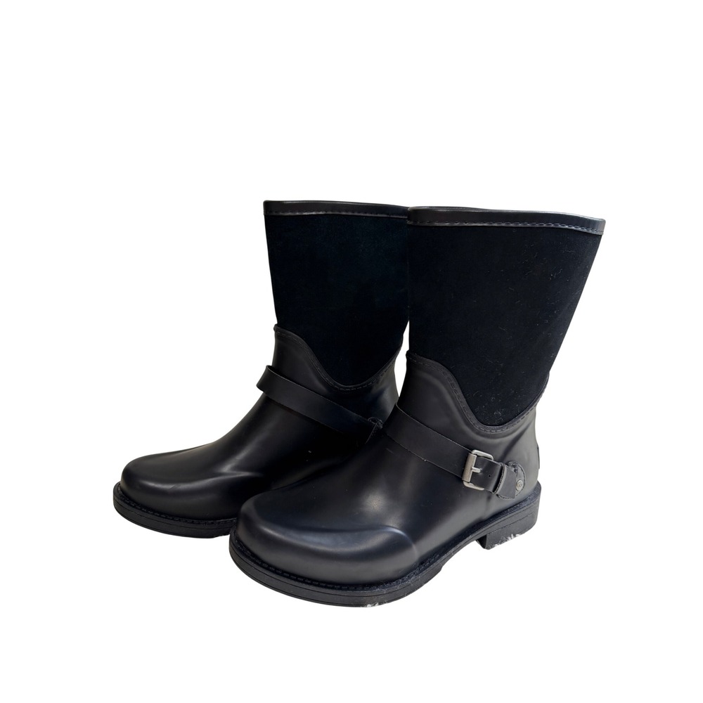 UGG Shaye Tall Rain Boots Black Suede Rubber Buckle Waterproof Boots Size 8